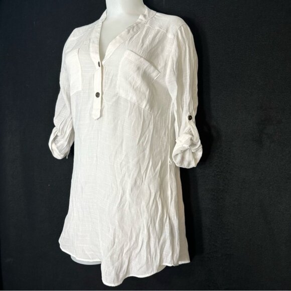 Women's M White Sheer Mesh V-neck Double Breasted Pocket 3/4 Sleeve Top-IZ Byer - Picture 2 of 7